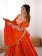 Tangerine Orange Sequin Thread Embroidered Lehenga Choli Set - BONYHUBSALWAR KAMEEZ