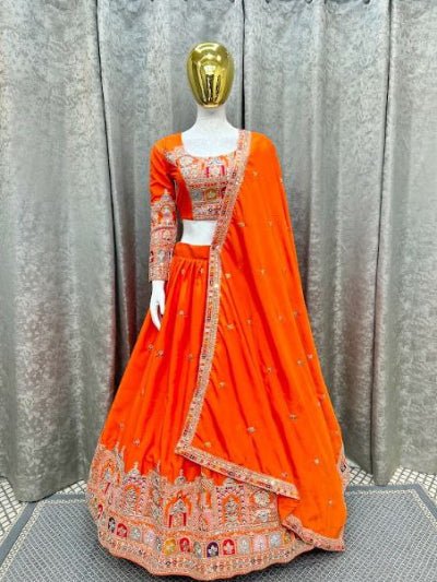Tangerine Orange Sequin Thread Embroidered Lehenga Choli Set - BONYHUBSALWAR KAMEEZ