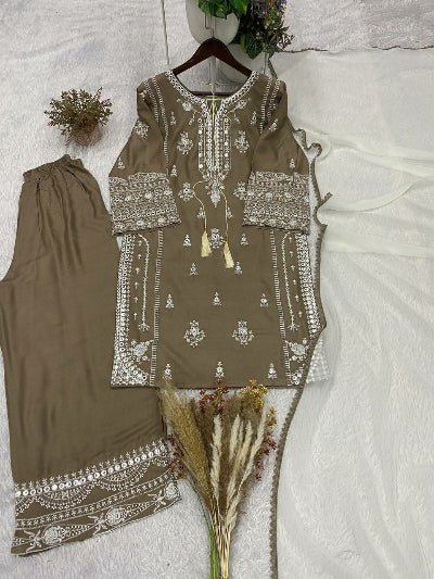 Taupe Brown Embroidered Palazzo Suit Set for Women - BONYHUBSALWAR KAMEEZ