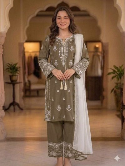 Taupe Brown Embroidered Palazzo Suit Set for Women - BONYHUBSALWAR KAMEEZ