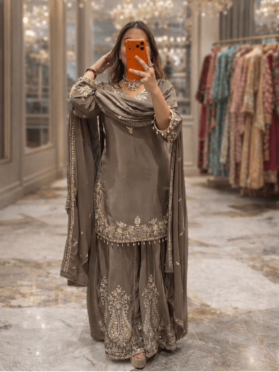Taupe Brown Intricate Sequence Work Sharara Palazzo Suit - BONYHUBSALWAR KAMEEZ