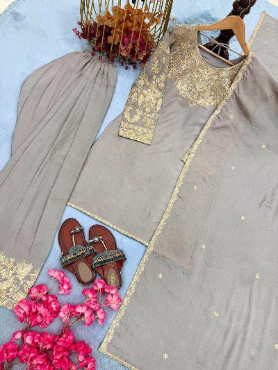 Taupe Chinon Silk Embroidered Farshi Suit Set - BONYHUBSALWAR KAMEEZ