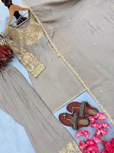 Taupe Chinon Silk Embroidered Farshi Suit Set - BONYHUBSALWAR KAMEEZ