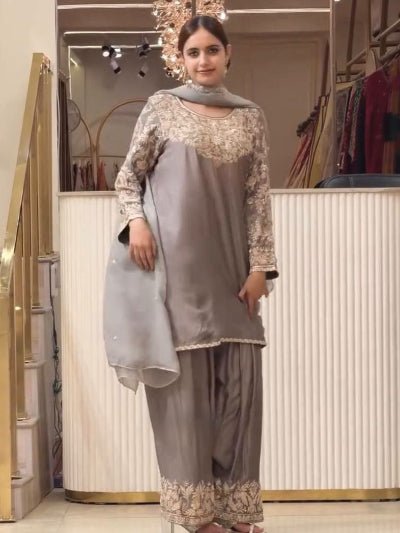 Taupe Chinon Silk Embroidered Farshi Suit Set - BONYHUBSALWAR KAMEEZ