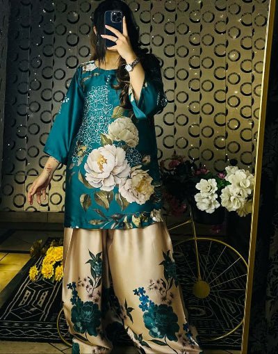 Teal & Beige Floral Crepe Silk Farshi Suit Set - BONYHUBSALWAR KAMEEZ