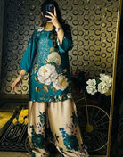 Teal & Beige Floral Crepe Silk Farshi Suit Set - BONYHUBSALWAR KAMEEZ
