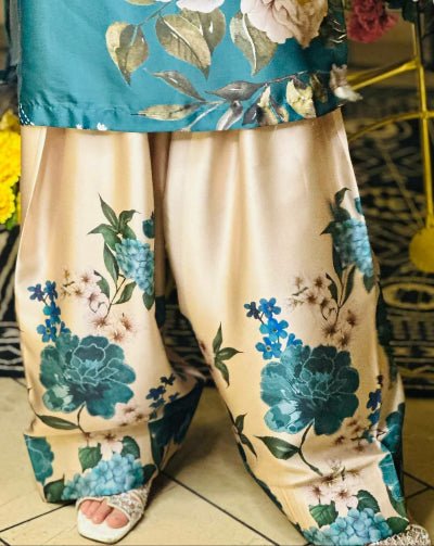 Teal & Beige Floral Crepe Silk Farshi Suit Set - BONYHUBSALWAR KAMEEZ