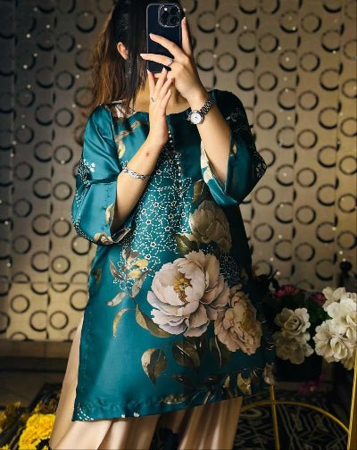Teal & Beige Floral Crepe Silk Farshi Suit Set - BONYHUBSALWAR KAMEEZ