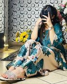 Teal & Beige Floral Crepe Silk Farshi Suit Set - BONYHUBSALWAR KAMEEZ