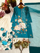 Teal & Beige Floral Crepe Silk Farshi Suit Set - BONYHUBSALWAR KAMEEZ