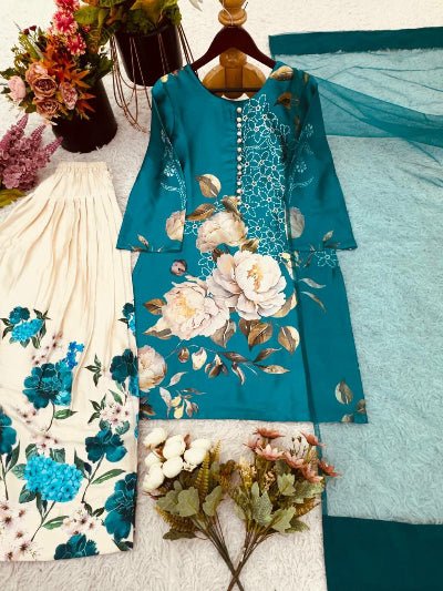 Teal & Beige Floral Crepe Silk Farshi Suit Set - BONYHUBSALWAR KAMEEZ