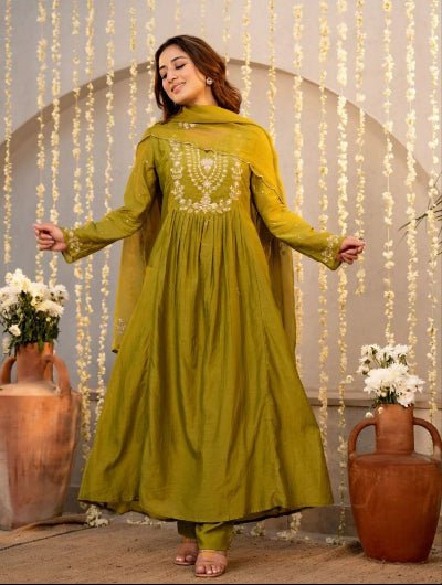 Teal Blue Chanderi Silk Embroidered Anarkali Set - BONYHUBSALWAR KAMEEZ