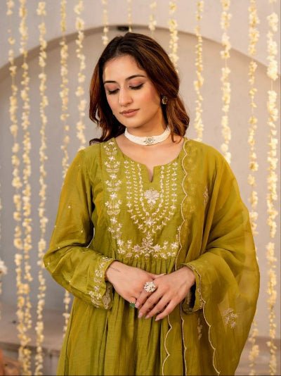 Teal Blue Chanderi Silk Embroidered Anarkali Set - BONYHUBSALWAR KAMEEZ
