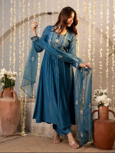 Teal Blue Chanderi Silk Embroidered Anarkali Set UK Next Day - BONYHUBSALWAR KAMEEZ