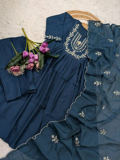Teal Blue Chanderi Silk Embroidered Anarkali Set UK Next Day - BONYHUBSALWAR KAMEEZ