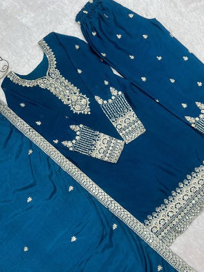 Teal Blue Chinon Silk Embroidery Work Straight Suit - BONYHUBSALWAR KAMEEZ