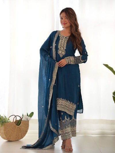 Teal Blue Chinon Silk Embroidery Work Straight Suit - BONYHUBSALWAR KAMEEZ