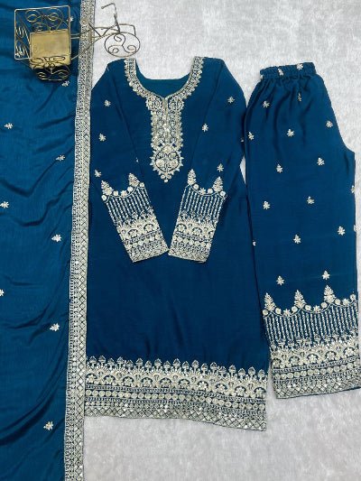 Teal Blue Chinon Silk Embroidery Work Straight Suit - BONYHUBSALWAR KAMEEZ