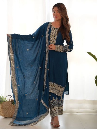 Teal Blue Chinon Silk Embroidery Work Straight Suit - BONYHUBSALWAR KAMEEZ