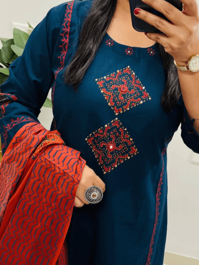 Teal Blue Cotton Embroidered Suit with Orange Dupatta - BONYHUBSALWAR KAMEEZ