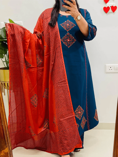 Teal Blue Cotton Embroidered Suit with Orange Dupatta - BONYHUBSALWAR KAMEEZ