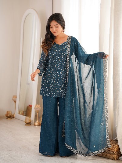 Teal Blue Crunchy Silk Kurta Bell Bottom Pant &amp; Dupatta - BONYHUBSALWAR KAMEEZ