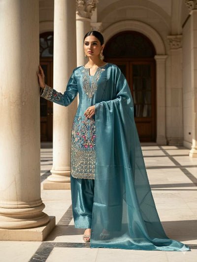 Teal Blue Designer Embroidery Farshi Suit - BONYHUBSALWAR KAMEEZ