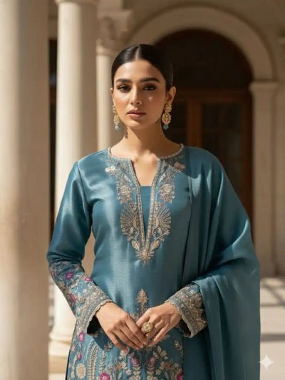 Teal Blue Designer Embroidery Farshi Suit - BONYHUBSALWAR KAMEEZ