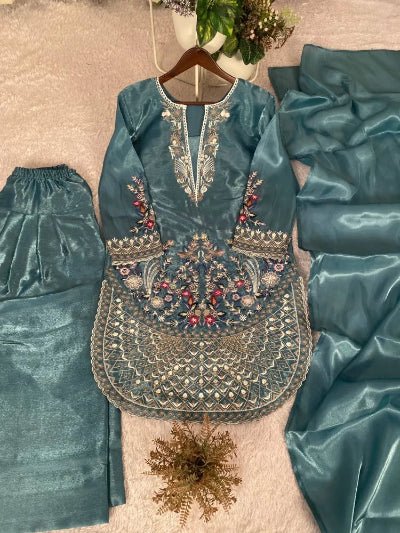 Teal Blue Designer Embroidery Farshi Suit - BONYHUBSALWAR KAMEEZ