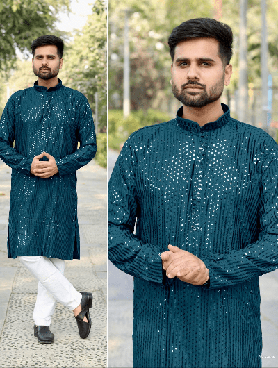Teal Blue Designer Ethnic Men Kurta Pyjama UK Next Day - BONYHUBMEN KURTA