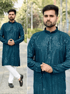 Teal Blue Designer Ethnic Men Kurta Pyjama UK Next Day - BONYHUBMEN KURTA