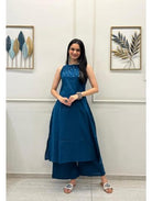 Teal Blue Embroidered Co - ord Set with Kurta Pant (Set of 2) - BONYHUBSALWAR KAMEEZ