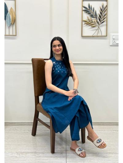 Teal Blue Embroidered Co - ord Set with Kurta Pant (Set of 2) - BONYHUBSALWAR KAMEEZ
