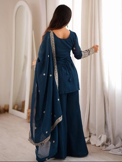 Teal Blue Embroidered Full Sleeves Silk Bell Bottom Suit | Asian Wear - BONYHUBSALWAR KAMEEZ