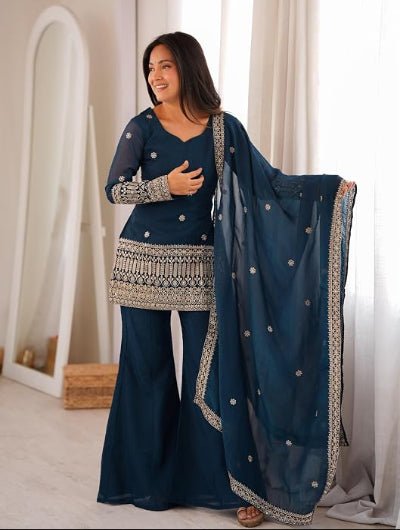 Teal Blue Embroidered Full Sleeves Silk Bell Bottom Suit | Asian Wear - BONYHUBSALWAR KAMEEZ