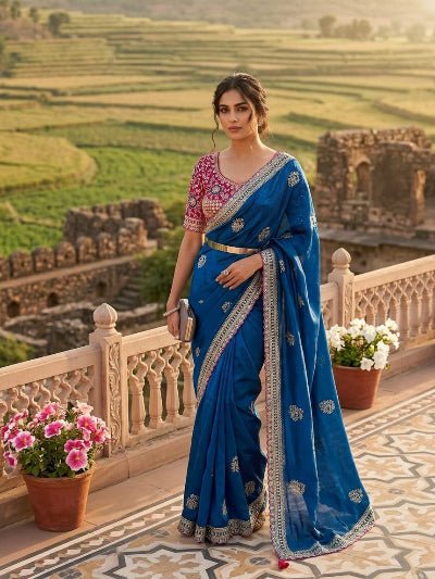 Teal Blue Embroidered Ready to Wear Saree with Stitched Blouse for Women | Asian Ethnic Wear - BONYHUBSAREE