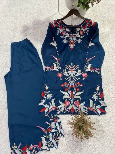 Teal Blue Embroidery Cut Work Co-Ord Set - BONYHUBSALWAR KAMEEZ