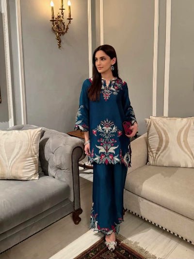 Teal Blue Embroidery Cut Work Co-Ord Set - BONYHUBSALWAR KAMEEZ