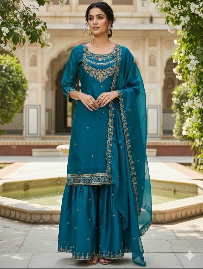 Teal Blue Fendi Silk Embroidery Sharara Suit Set - BONYHUBSALWAR KAMEEZ