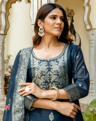 Teal Blue Floral Chanderi Jacquard Salwar Suit Set - BONYHUBSALWAR KAMEEZ
