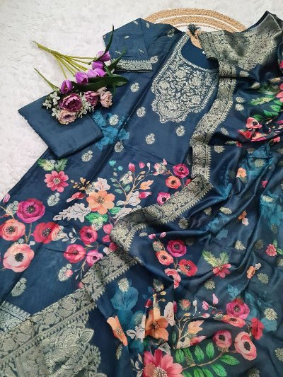 Teal Blue Floral Chanderi Jacquard Salwar Suit Set - BONYHUBSALWAR KAMEEZ
