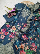 Teal Blue Floral Chanderi Jacquard Salwar Suit Set - BONYHUBSALWAR KAMEEZ