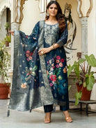 Teal Blue Floral Chanderi Jacquard Salwar Suit Set - BONYHUBSALWAR KAMEEZ