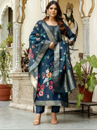 Teal Blue Floral Chanderi Jacquard Salwar Suit Set - BONYHUBSALWAR KAMEEZ