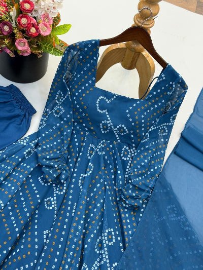 Teal Blue Georgette Bandhani Printed Anarkali Gown Set | Asian Ethnic Wear - BONYHUBSALWAR KAMEEZ