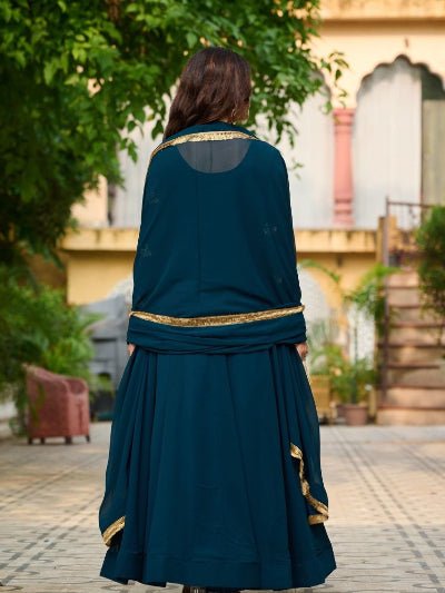 Teal Blue Georgette Embroidered Gown Dupatta Set Of 2 - BONYHUBSALWAR KAMEEZ
