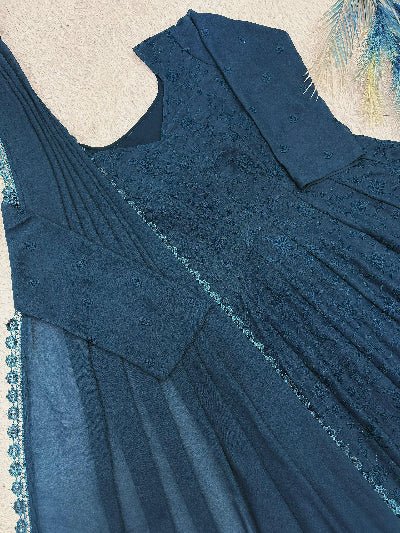 Teal Blue Georgette Embroidered Gown Dupatta Set Of 2 - BONYHUBSALWAR KAMEEZ