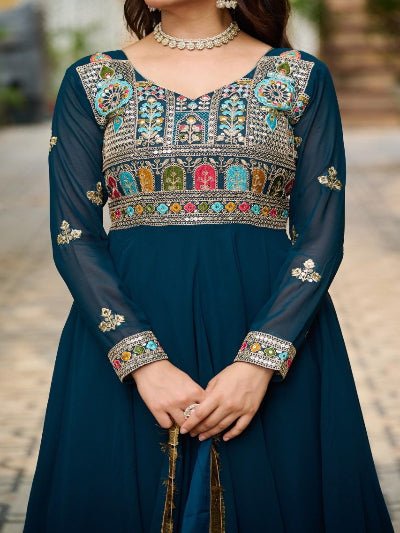 Teal Blue Georgette Embroidered Gown Dupatta Set Of 2 - BONYHUBSALWAR KAMEEZ