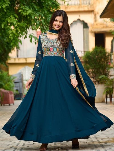 Teal Blue Georgette Embroidered Gown Dupatta Set Of 2 - BONYHUBSALWAR KAMEEZ