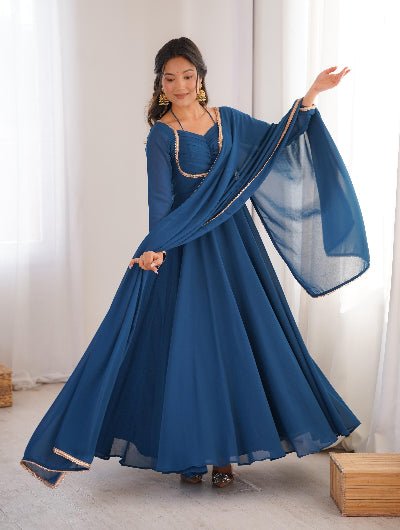 Teal Blue Georgette Flair Anarkali Gown Dupatta Set Of 2 - BONYHUBSALWAR KAMEEZ